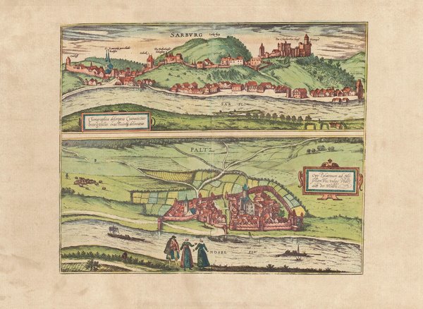 Saarburg bei Trier u. Pfalzel an der Mosel (im 16. Jhd.) ca. 56x41 cm, Karte, Faksimile v. 1969