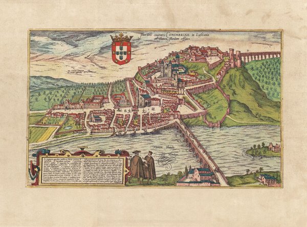 Coimbra (im 16. Jhd.) Portugal. ca. 56x41 cm, Karte, Druck v. 1969. Städteansicht