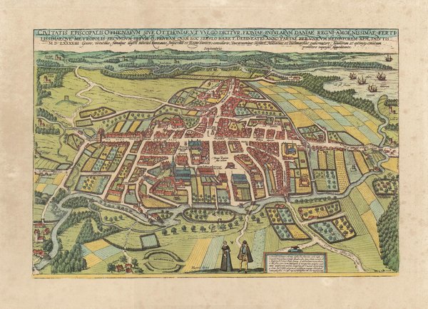 Odense (um 1586), Dänemark. ca. 56x41 cm, Faksimile v. 1969. Städteansicht