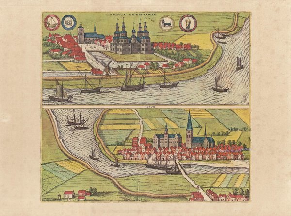 Tönning und Husum (um 1583), Schlewig-Holstein. ca. 56x41 cm, Faksimile v. 1969. Städteansicht