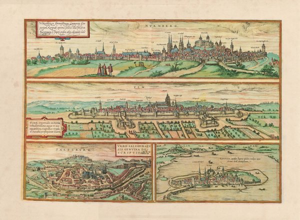 Nürnberg, Ulm, Salzburg u. Lindau (um 1600). Faksimile v. 1965. Städteansicht. ca. 55 x 41 cm