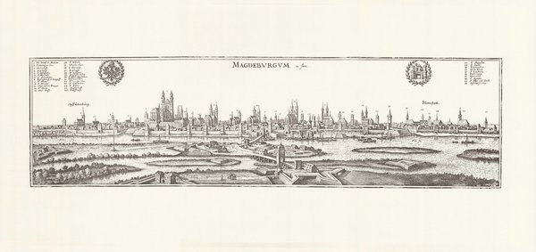 Magdeburg (1653, Merian). Faksimile von 1969. Alte Städteansicht. 64x30 cm.