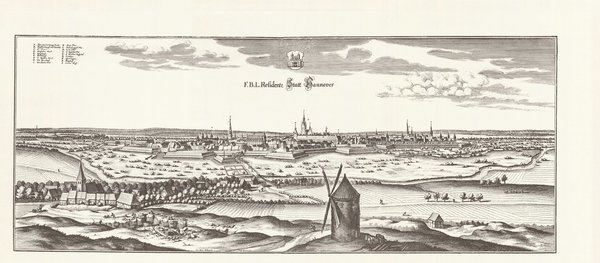 Hannover (1654, Merian). Faksimile von 1969. Alte Städteansicht. 64x30 cm.
