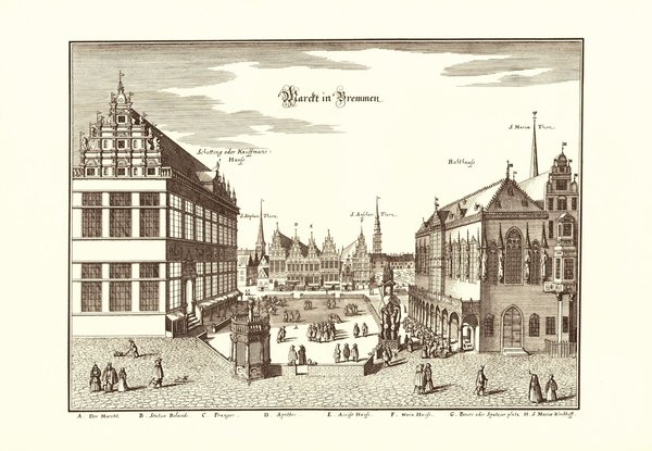 Markt in Bremen (1653, Merian). Faksimile von 1969. Alte Städteansicht. 43x30 cm.