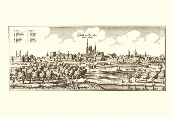 Halle an der Saale (1653, Merian). Faksimile von 1969. Alte Städteansicht. 43x30 cm.