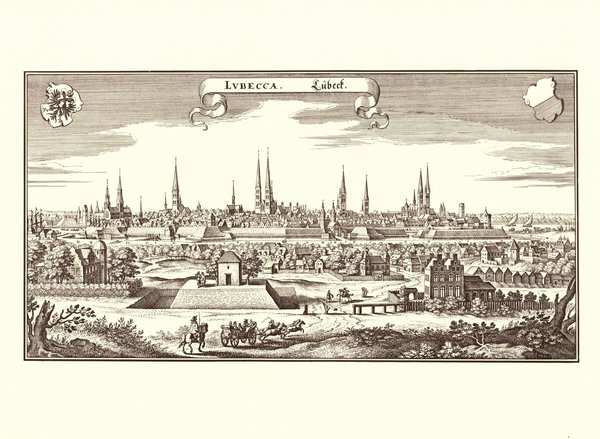 Lübeck (1653, Merian). Faksimile von 1969. Alte Städteansicht. 43x30 cm.