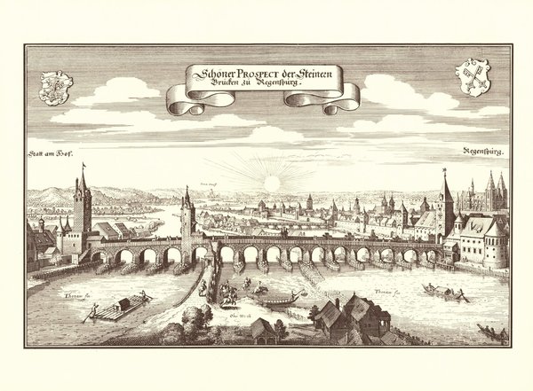 Regensburg, Steinerne Brücke (1644, Merian). Faksimile von 1969. Alte Städteansicht. 43x30 cm.
