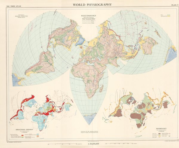 Weltkarte Meereskunde, Tiefenmessungen, Temperaturverteilung. Landkarte (engl.) von 1958. 49x60 cm