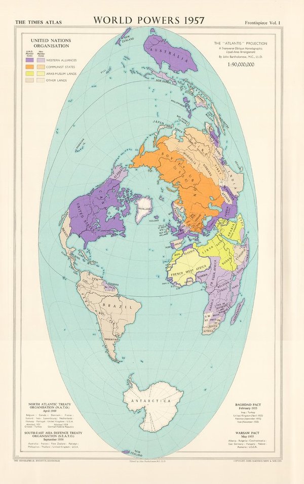 Weltmächte, Weltkarte. Landkarte (engl.) von 1958. 49x30 cm