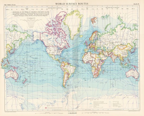 Weltverkehrskarte. Landkarte (engl.) von 1958. 49 x 60 cm