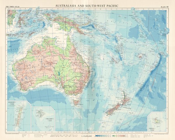 Australien und Südwestpazifik. Landkarte (engl.) von 1958. 49 x 60 cm