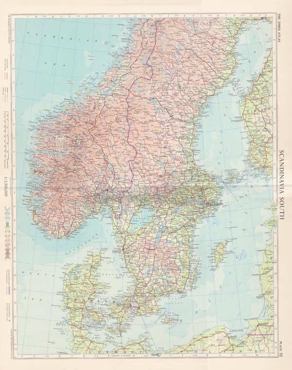 Südliches Skandinavien. Landkarte (engl.) von 1955. 49 x 60 cm