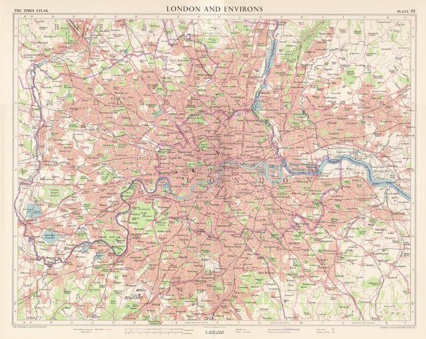London und Umgebung. Landkarte (engl.) von 1955. 49 x 60 cm