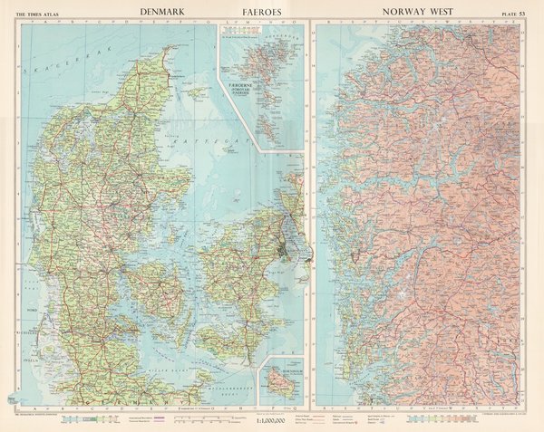 Dänemark, Färöer Inseln, westliches Norwegen, Bornholm. Landkarte (engl.) von 1955. 49 x 60 cm