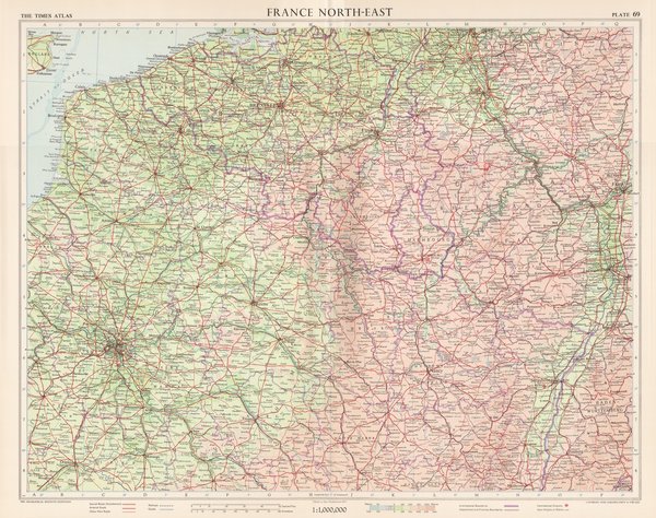 Nordöstliches Frankreich. Landkarte (engl.) von 1955. 49 x 60 cm