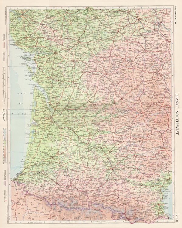 Südwestliches Frankreich. Landkarte (engl.) von 1955. 49 x 60 cm