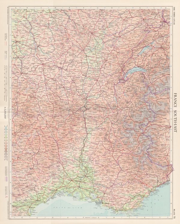 Südöstliches Frankreich. Landkarte (engl.) von 1955. 49 x 60 cm