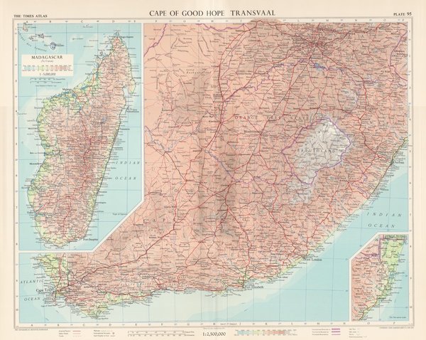 Kap der Guten Hoffnung,Transvaal, Madagaskar, Südafrika. Landkarte (engl.) von 1956. 49 x 60 cm