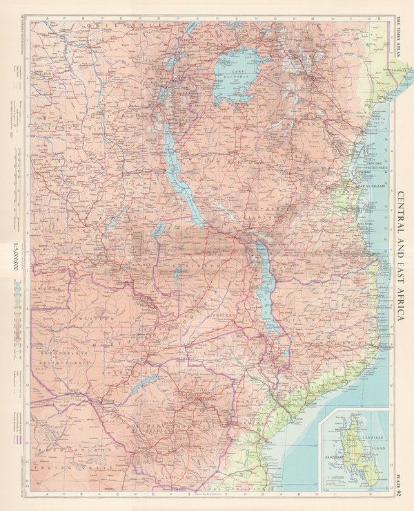 Zentral und Ostafrika mit Sansibar. Landkarte (engl.) von 1956. 49 x 60 cm