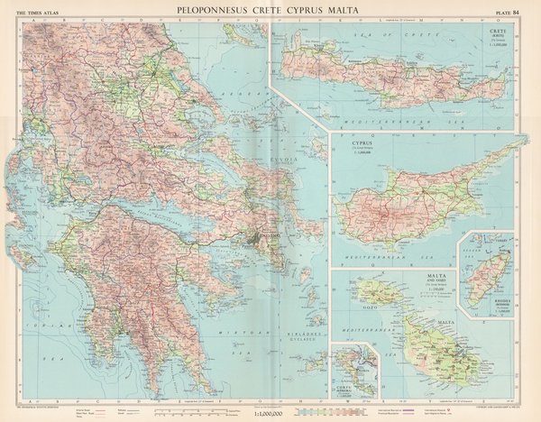 Peloponnes, Kreta, Zypern mit Malta und Rhodos. Landkarte (engl.) von 1956. 49 x 60 cm