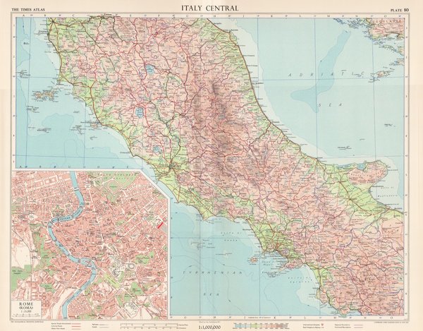 Mittel-Italien. Mit Rom. Landkarte (engl.) von 1956. 49 x 60 cm