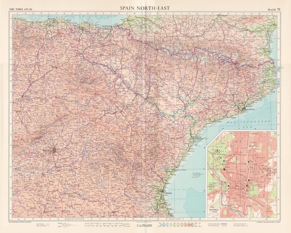 Nordöstliches Spanien mit Madrid. Landkarte (engl.) von 1956. 49 x 60 cm