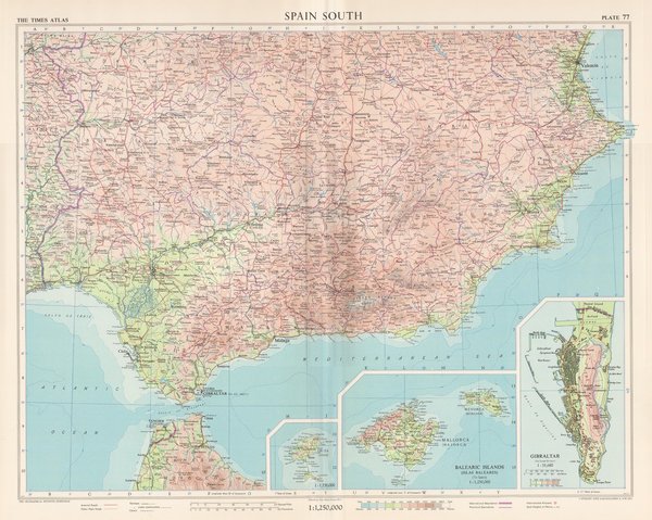 Süd-Spanien mit Mallorca, Gibraltar und Ibiza. Landkarte (engl.) von 1956. 49 x 60 cm
