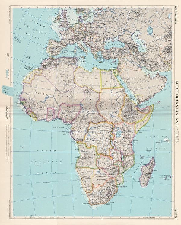 Mittelmeer und Afrika. Landkarte (engl.) von 1956. 49 x 60 cm