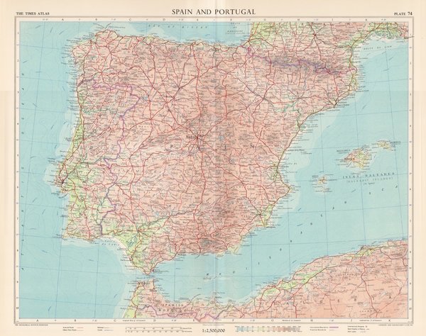 Spanien und Portugal. Landkarte (engl.) von 1956. 49 x 60 cm
