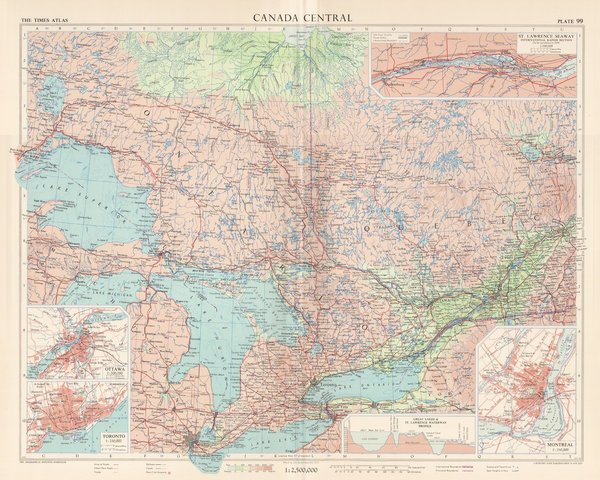 Zentral- Kanada. Mit Montreal, Toronto, Ottawa. Landkarte (engl.) von 1957. 49 x 60 cm