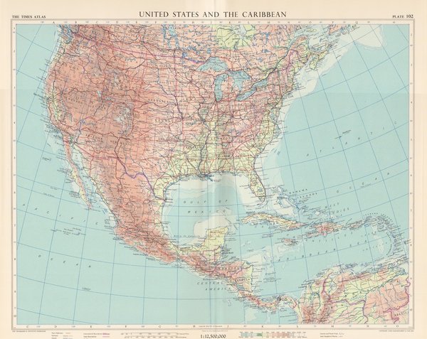 Vereinigten Staaten von Amerika und Karibik. Landkarte (engl.) von 1957. 49 x 60 cm