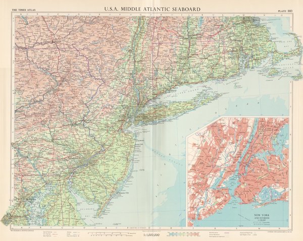 USA. Atlantik mit New York. Landkarte (engl.) von 1957. 49 x 60 cm