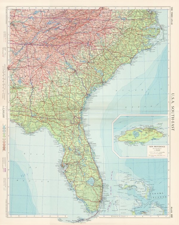 Südöstliche USA mit Nassau. Landkarte (engl.) von 1957. 49 x 60 cm