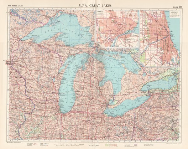 USA. Große Seen. Mit Chicago, Detroit. Landkarte (engl.) von 1957. 49 x 60 cm