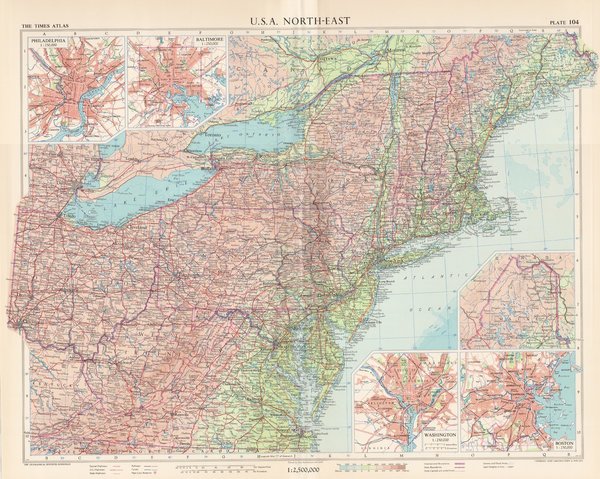 Nordöstliche USA. Mit Washington, Boston, Baltimore, Philadelphia. Landkarte (engl.) von 1957.