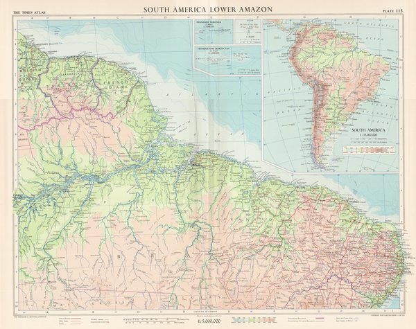 Südamerika. Unterer Amazonas. Landkarte (engl.) von 1957. 49 x 60 cm