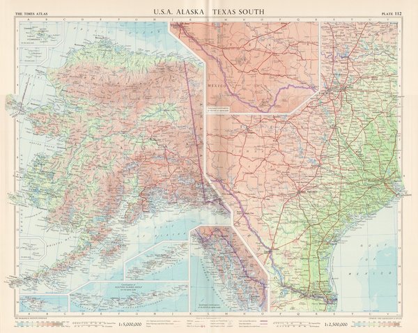 USA. Alaska. Südliches Texas. Landkarte (engl.) von 1957. 49 x 60 cm
