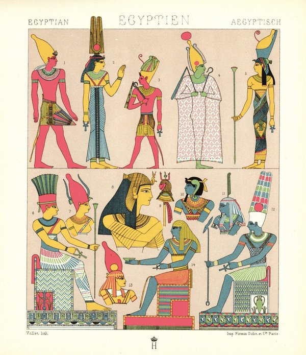 Ägypten. Göttliche und ländliche Festkleidung Götter und Göttinnen. Lithografie von 1888. (T4)