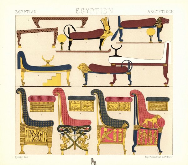 Ägypten. Möbel, Betten, Diwane, Throne u.a. Lithografie von 1888 (T5)