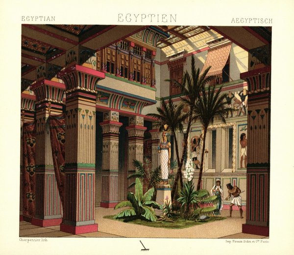 Ägypten. Innenhof eines Privathauses ca. 14. Jahrhundert vor Christus. Lithografie von 1888. (T9)