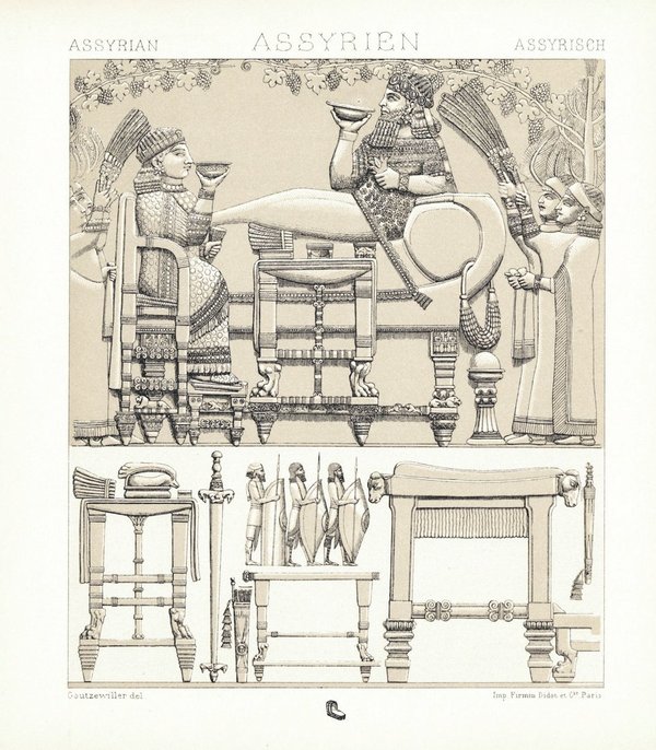 Ägypten. Hof und Kriegskleidung. Möbel, Waffen, verschiedene Objekte. Grafik von 1888. (T10)