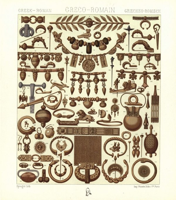 Griechisch-Römisch.Zierrat, Goldschmuck, Juwelen u.a.  Lithografie von 1888. (T31)