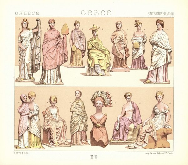 Griechische Stadt- und Hauskleidung. Unterkleid, Schleier, Schuhe. Lithografie von 1888. (T24)