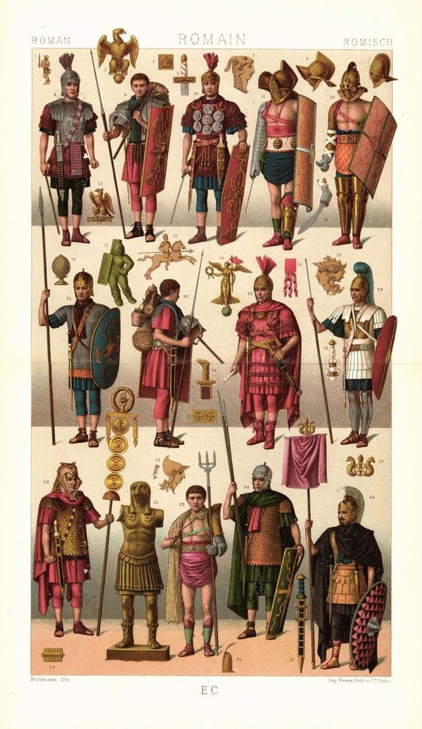 Rom. Kriegs-. Fechtuniformen, Soldaten und Gladiatoren. Lithografie von 1888. (T36)