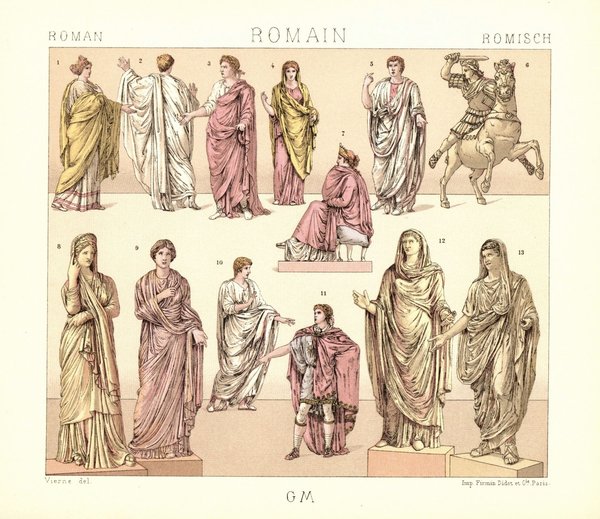 Rom. Zivile Kleidung der Kaiserzeit. Lithografie von 1888. (T40)