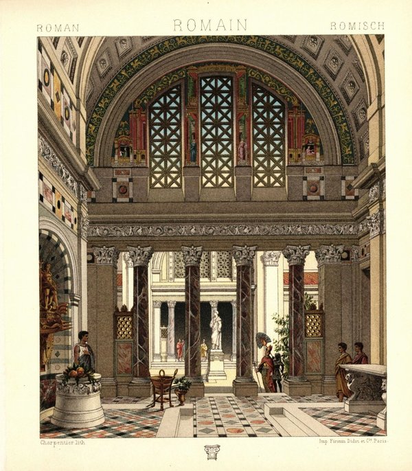 Etruskisch-Griechisches Gebäude. Das Innere eines Palastes. Lithografie von 1888. (T46)