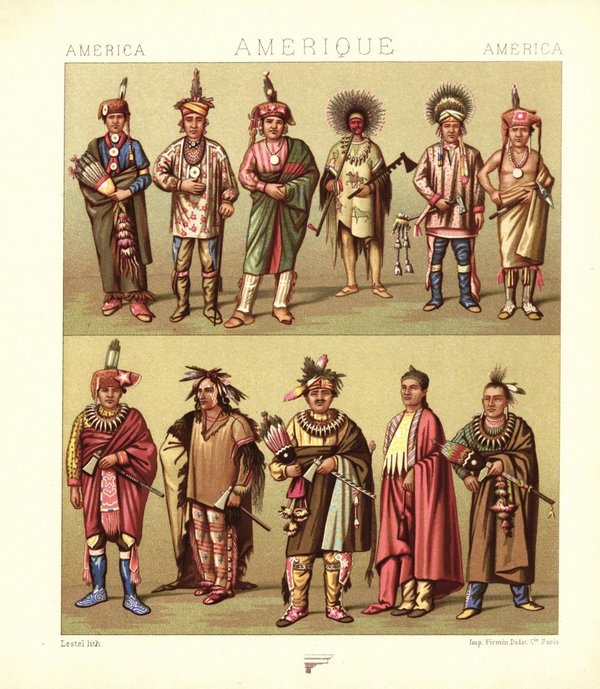 Nordamerika. Indianer von Kansas und Nebraska, Iow, Lakota, Pawnie. Lithografie von 1888. (T81)