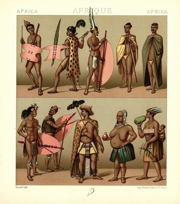 Afrika, Kaffern, Basuto, Ama-Zulu, Amakosa, Matabele, Betschuana . Lithografie von 1888. (T71)