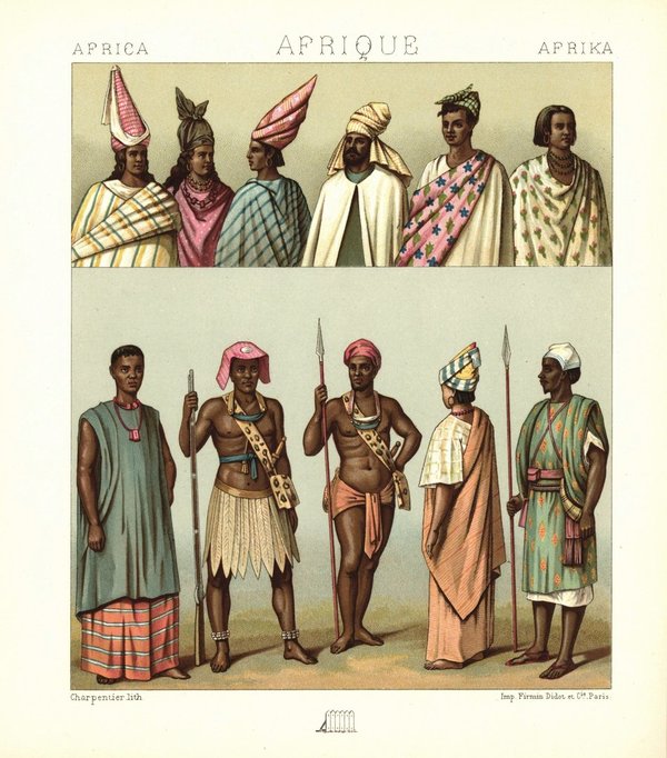 Afrika. Kleidung des Senegal. Lithografie von 1888. (T72)