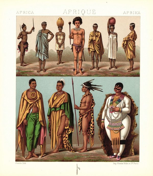 Afrika. Hottentotten, Kaffern und Betschuana. Lithografie von 1888. (T73)